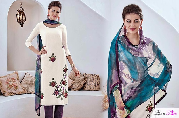 White Floral Embroidered Designer Cotton Suit